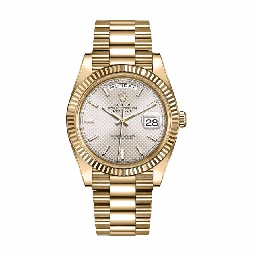 rolex-day-date-228238-n-yellow-gold-silver-diagonal-dial-replica Rolex 228238-0004 Diogonal Silver Replica - Image 1