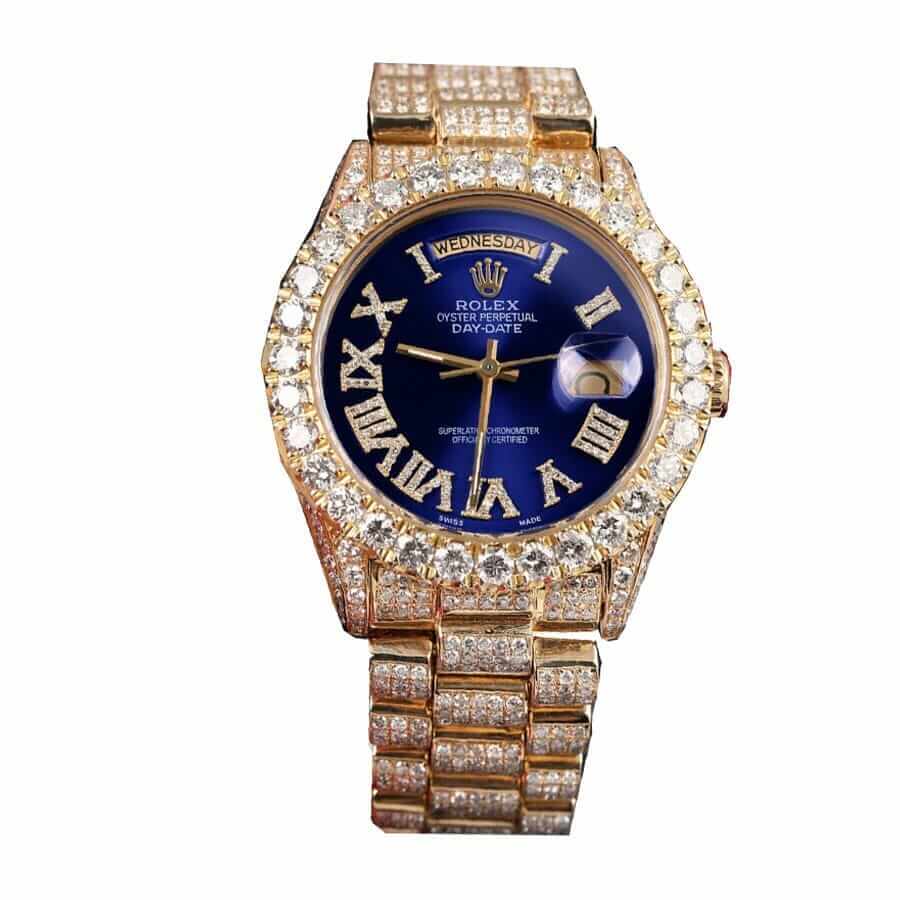 rolex-day-date-yellow-gold-iced-out-diamond-roman-dial-18038-replica-2 Mens Iced Out Watches Day-Date 36 18038 Replica - Image 1