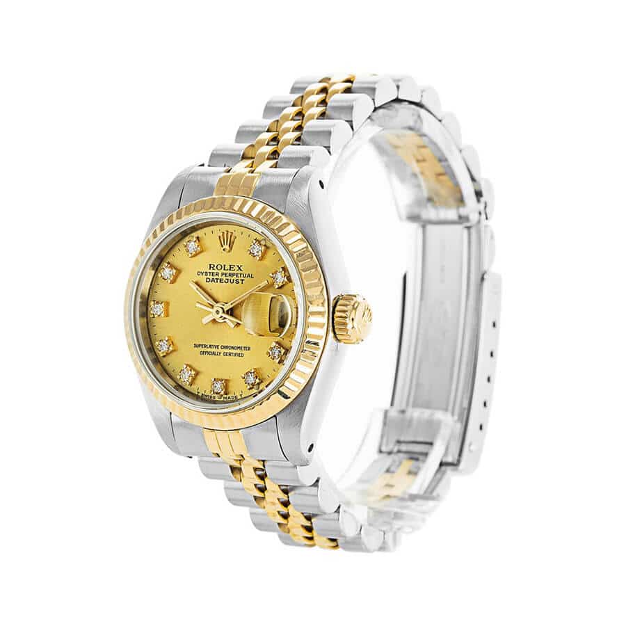 Rolex-Datejust-Gold-Diamonds-Lady-Replica-Left Rolex Datejust Yellow Gold Steel Diamond Dial Ladies 69173 Jubilee Replica - Image 2