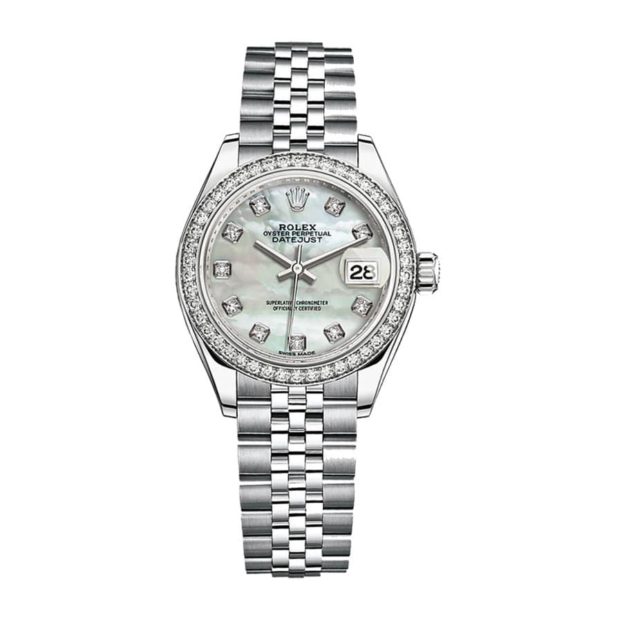 rolex-datejust-28mm-279384rbr-white-gold-automatic-silver-with-diamond-dial Rolex Datejust 279384RBR White Gold Mother Pearl Dial Jubilee Replica - Image 1