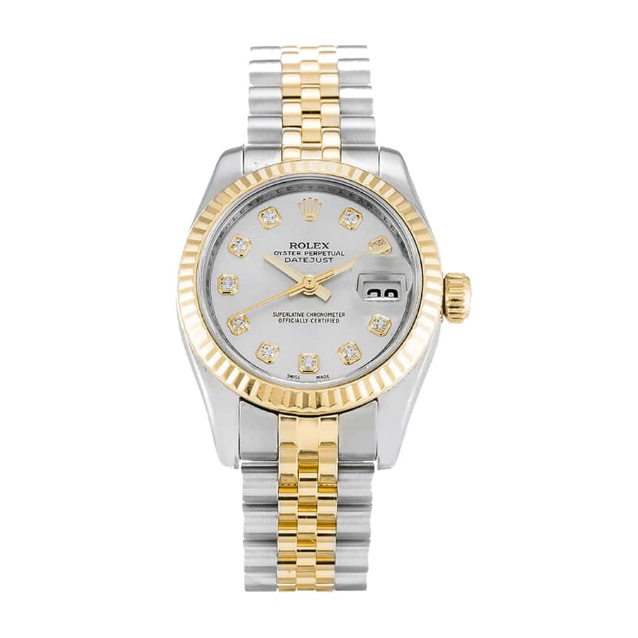 rolex-datejust-yellow-gold-steel-silver-diamond-179173 Rolex Datejust 179173 Yellow Gold & Diamond Silver Dial Replica - Image 1