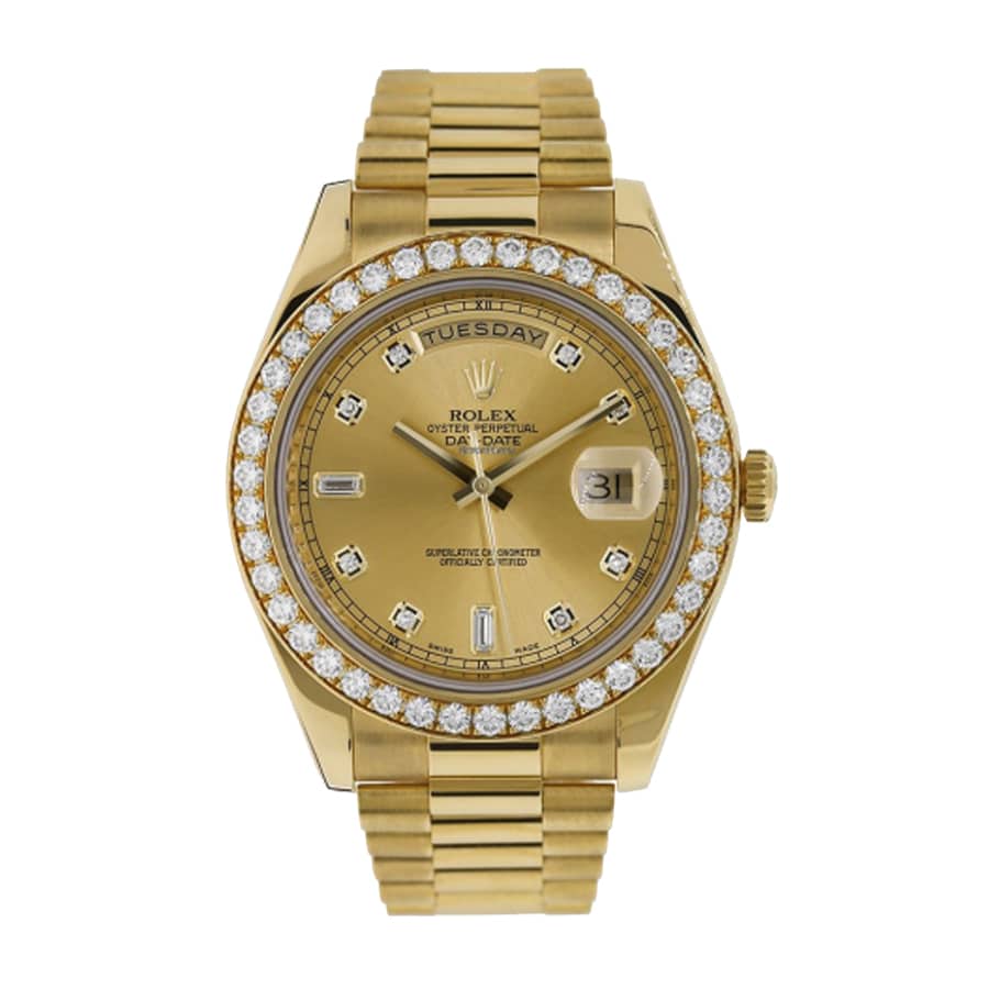 rolex-day-date-ii-218348-41mm-kw-yellow-gold-diamonds-champagne Rolex Day-Date 228348 Diamonds Gold Dial Replica - Image 1