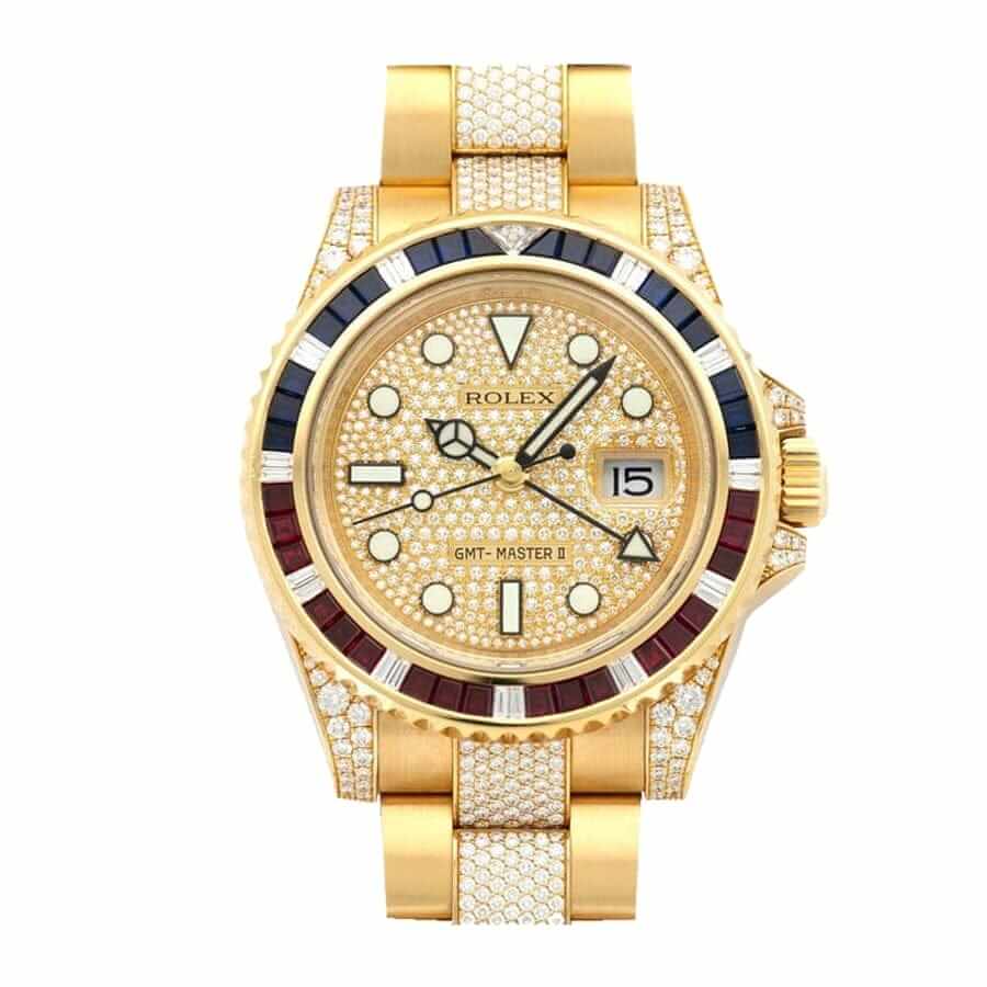 rolex-gmt-master-ii-116718-yellow-gold-diamonds-dial-replica Rolex GMT Master II 116758 SARU Yellow Gold Diamonds Dial Iced Out Replica - Image 1